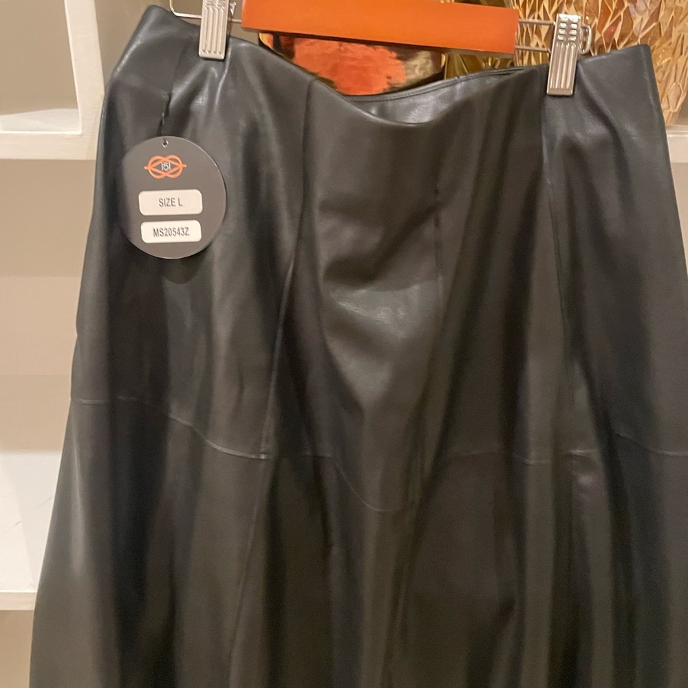 Black Faux Leather Midi Skirt, Size Large